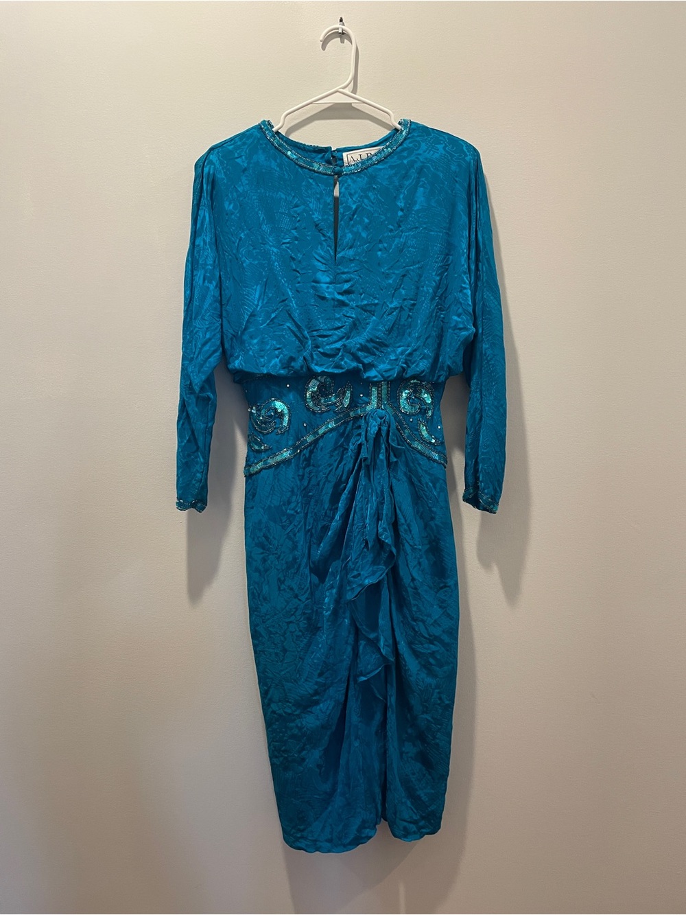 Teal Beaded Waist Draped Vintage Cocktail Dress